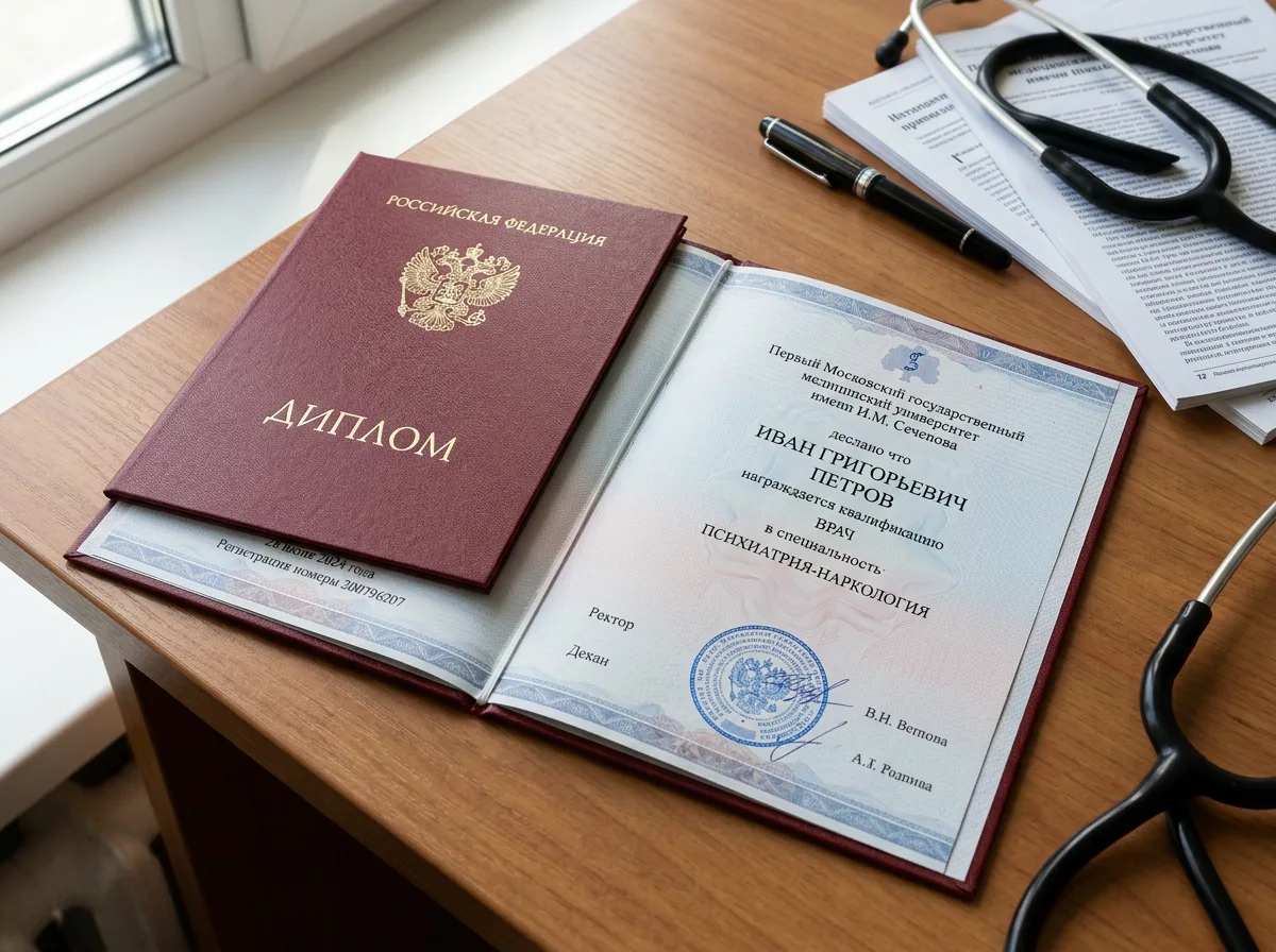 Диплом о высшем медицинском образовании по специальности психиатрия-наркология, Первый МГМУ им. Сеченова, красная обложка